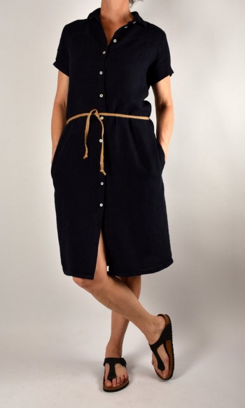 Letní lněné šaty HEDA s krátkým rukávem sportovní střih - tmavě modré