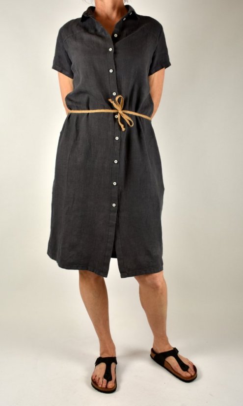 Letní lněné šaty HEDA s krátkým rukávem sportovní střih - tmavě šedé - Velikost: EU44