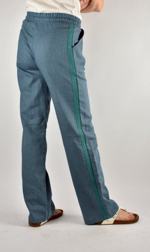 Dámské prodloužené lněné kalhoty MARKA s pruhy - petrolejové - Velikost: EU42