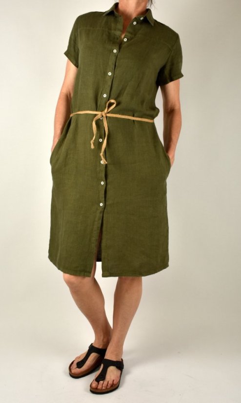 Letní lněné šaty HEDA s krátkým rukávem sportovní střih - khaki