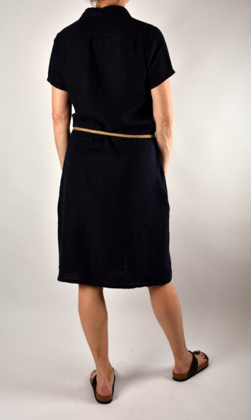 Letní lněné šaty HEDA s krátkým rukávem sportovní střih - tmavě modré