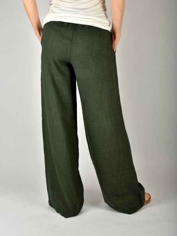 Lněné letní široké kalhoty HOLLY - mechově zelené L36 - Velikost: EU50
