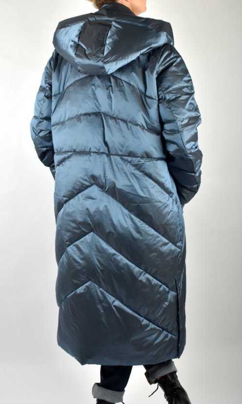Dlouhý dámský zimní kabát s kapucí - modrý