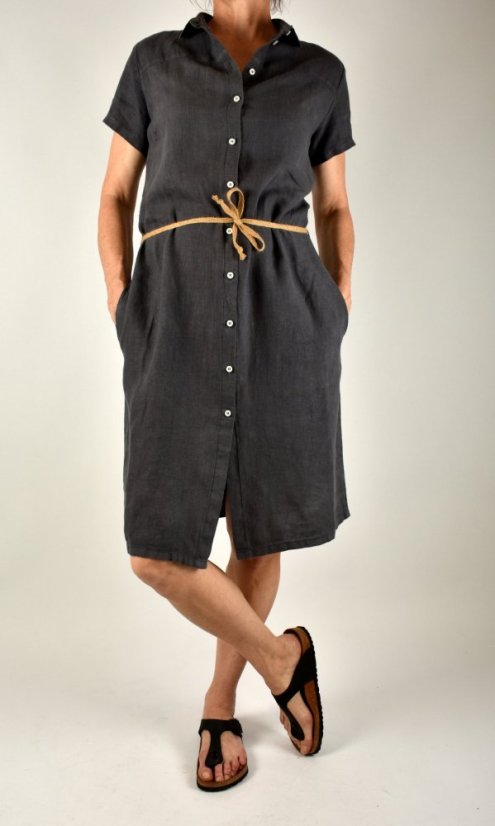 Letní lněné šaty HEDA s krátkým rukávem sportovní střih - tmavě šedé - Velikost: EU44