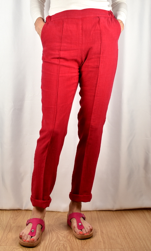Lněné letní kalhoty - červené - Velikost: EU42