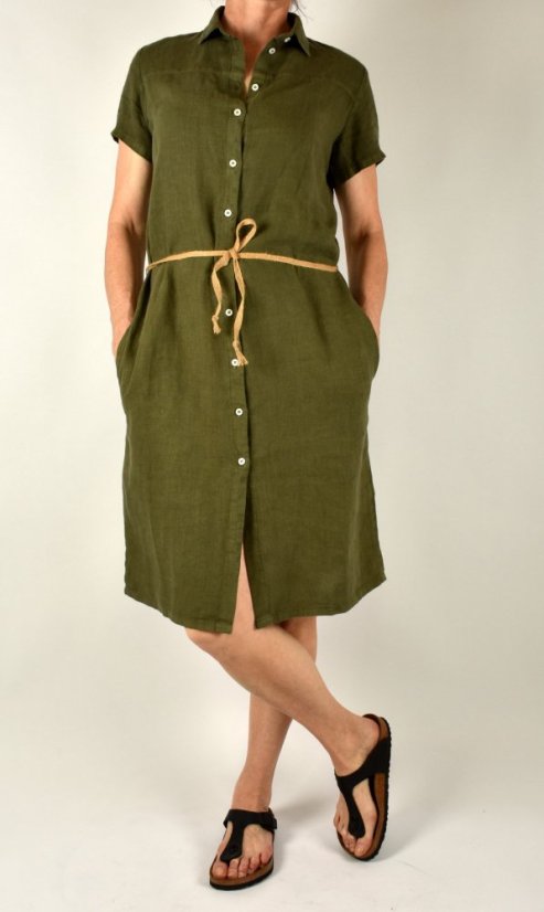Letní lněné šaty HEDA s krátkým rukávem sportovní střih - khaki