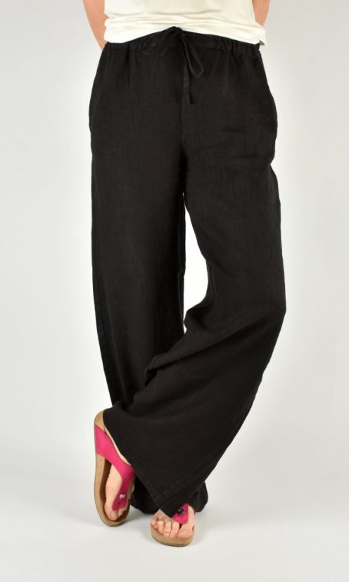 Lněné letní široké kalhoty HOLLY - černé L36 - Velikost: EU50