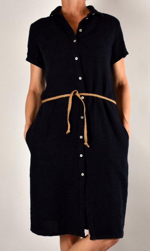 Letní lněné šaty HEDA s krátkým rukávem sportovní střih - tmavě modré