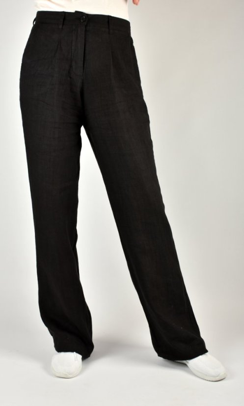 HELEN široké dámské lněné kalhoty na zip - černé L36 - Velikost: EU46