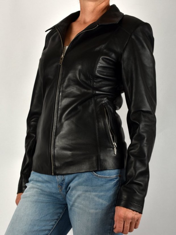 ESTER kožená bunda s límcem a zapínáním na zip - černá