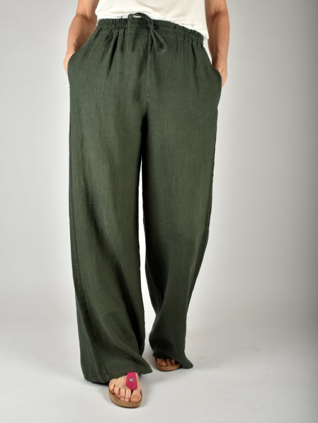 Lněné letní široké kalhoty HOLLY - mechově zelené L34