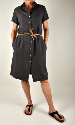 Letní lněné šaty HEDA s krátkým rukávem sportovní střih - tmavě šedé