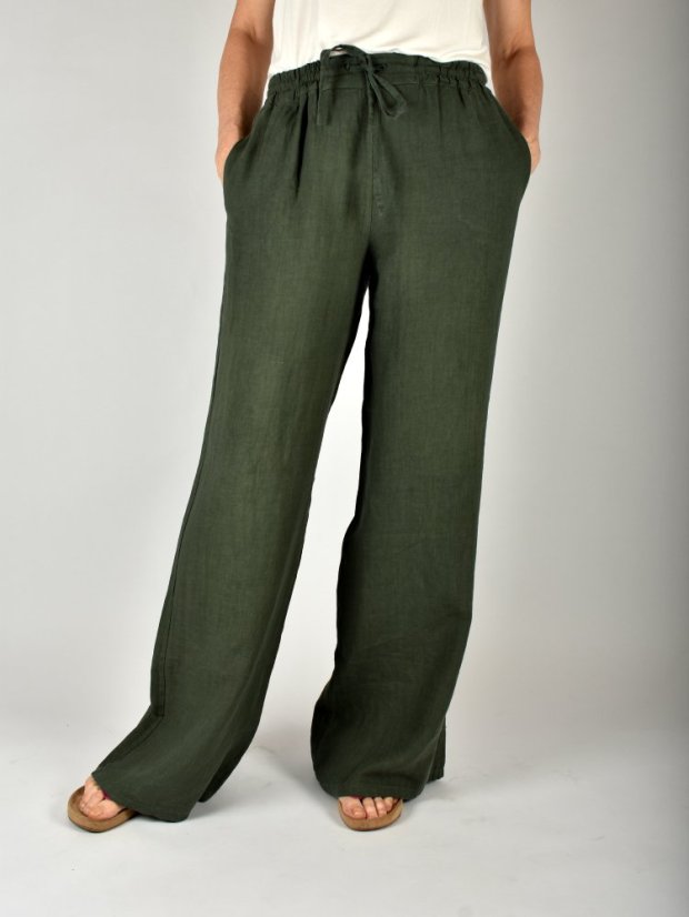 Lněné letní široké kalhoty HOLLY - mechově zelené L36 - Velikost: EU50