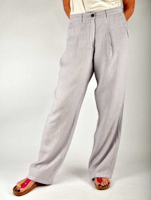 HELEN široké dámské lněné kalhoty na zip - světle šedé L34 - Velikost: EU44