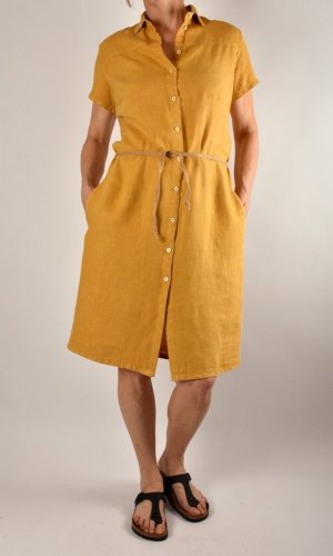 Letní lněné šaty HEDA s krátkým rukávem sportovní střih - žluté