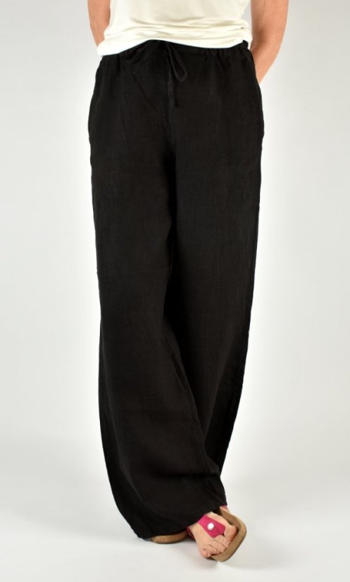 Lněné letní široké kalhoty HOLLY - černé L36 - Velikost: EU50