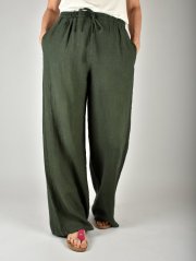 Lněné letní široké kalhoty HOLLY - mechově zelené L36