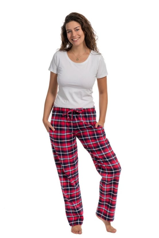 LUISA 184 dámské pyžamové/domácí kalhoty flanelové - růžovočervená kostka a modrý proužek, délka L34