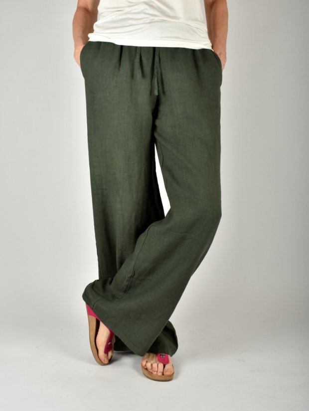 Lněné letní široké kalhoty HOLLY - mechově zelené L36 - Velikost: EU50