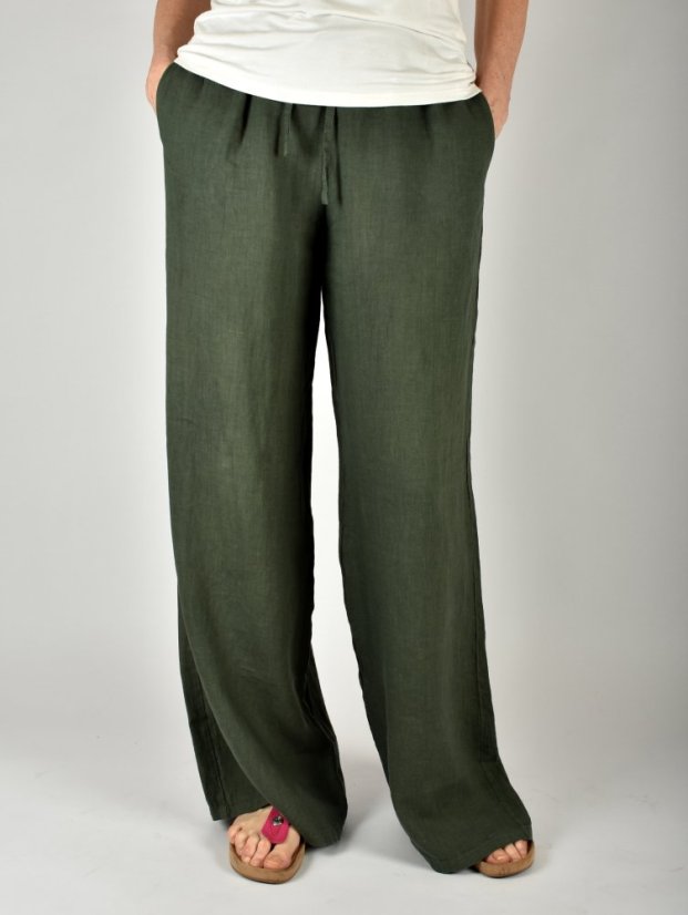Lněné letní široké kalhoty HOLLY - mechově zelené L36 - Velikost: EU50