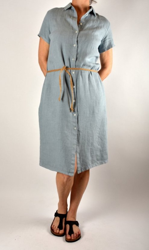 Letní lněné šaty HEDA s krátkým rukávem sportovní střih - světle modré - Velikost: EU38