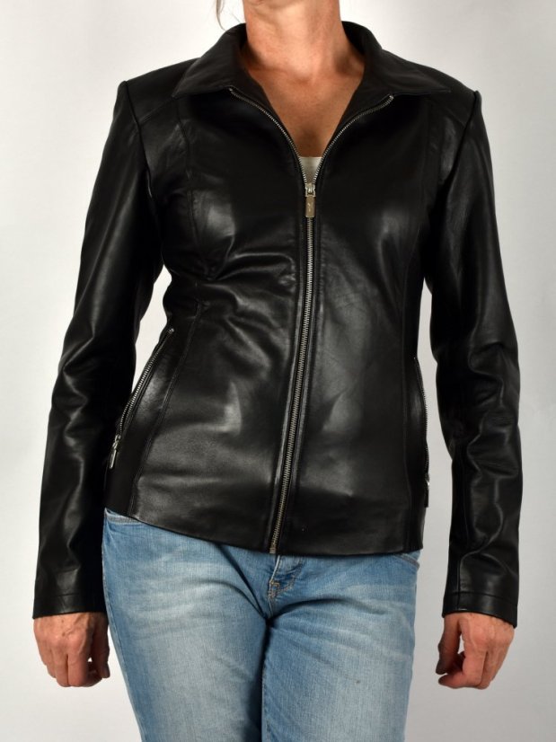 ESTER kožená bunda s límcem a zapínáním na zip - černá