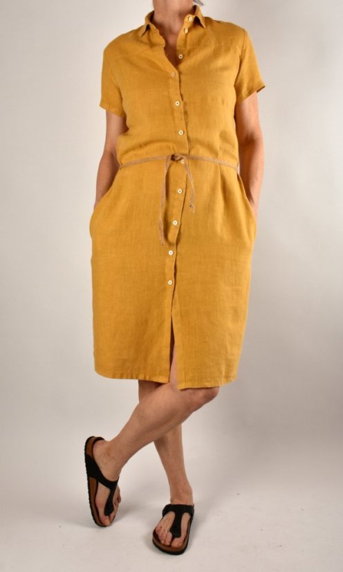 Letní lněné šaty HEDA s krátkým rukávem sportovní střih - žluté - Velikost: EU48