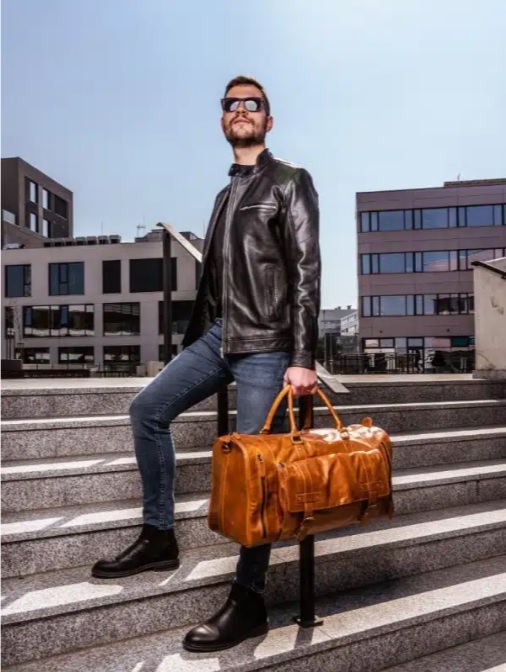 MARCO Black Long pánská kožená bunda na zip - černá