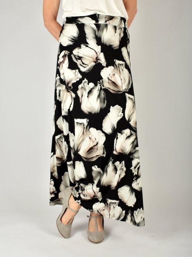 Dlouhá letní sukně DANA černé květy - Velikost: M