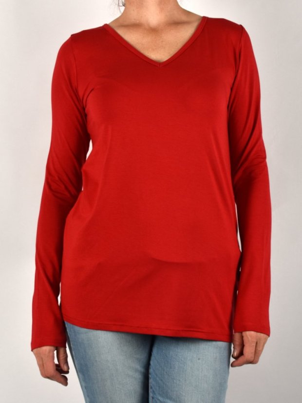 Triko BASIC s výstřihem do V a dlouhými rukávy - červené