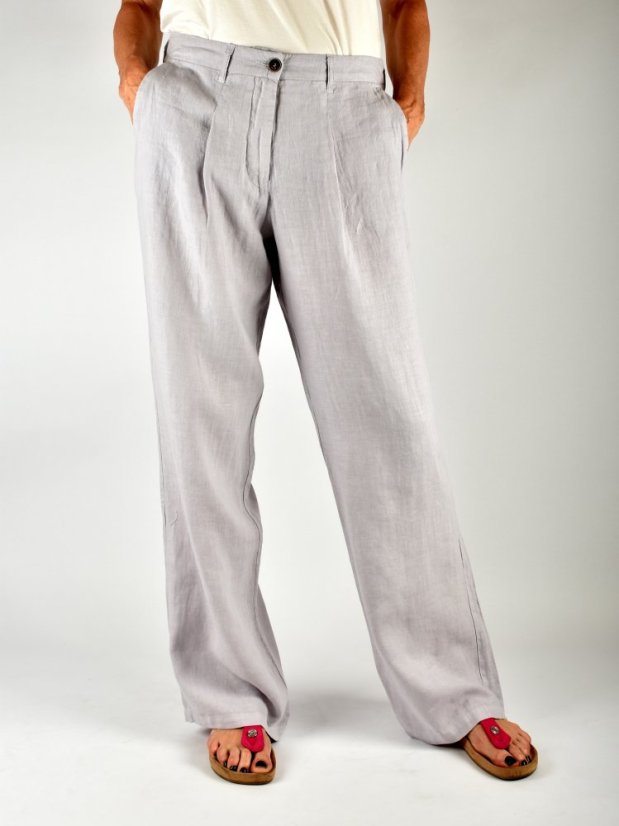 HELEN široké dámské lněné kalhoty na zip - světle šedé L34 - Velikost: EU44