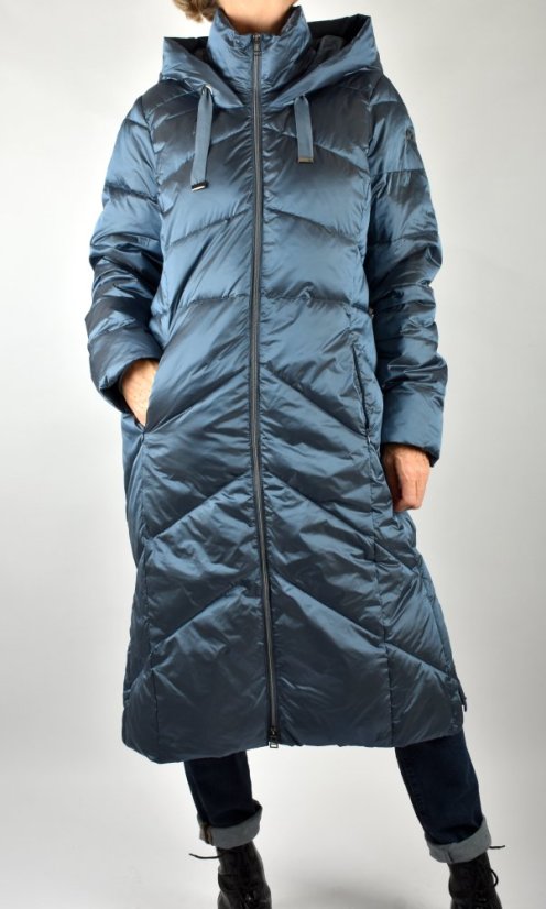 Dlouhý dámský zimní kabát s kapucí - modrý