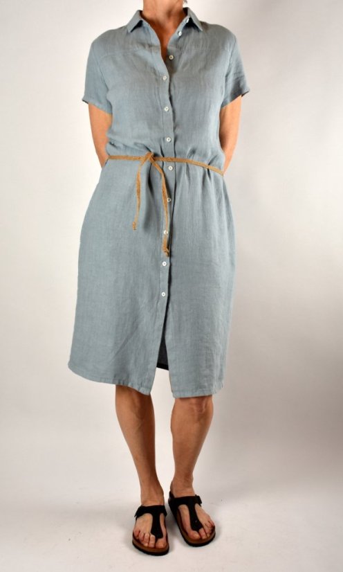 Letní lněné šaty HEDA s krátkým rukávem sportovní střih - světle modré - Velikost: EU38