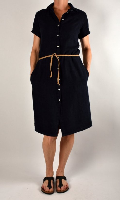 Letní lněné šaty HEDA s krátkým rukávem sportovní střih - tmavě modré