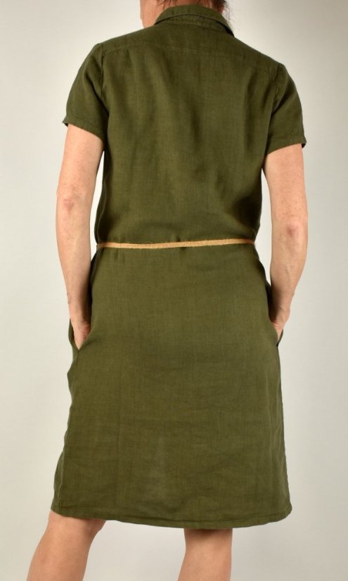 Letní lněné šaty HEDA s krátkým rukávem sportovní střih - khaki