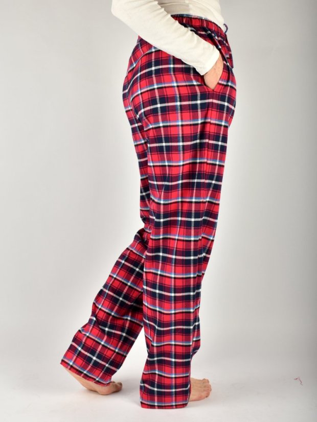 LUISA 184 dámské pyžamové/domácí kalhoty flanelové - růžovočervená kostka a modrý proužek, délka L36