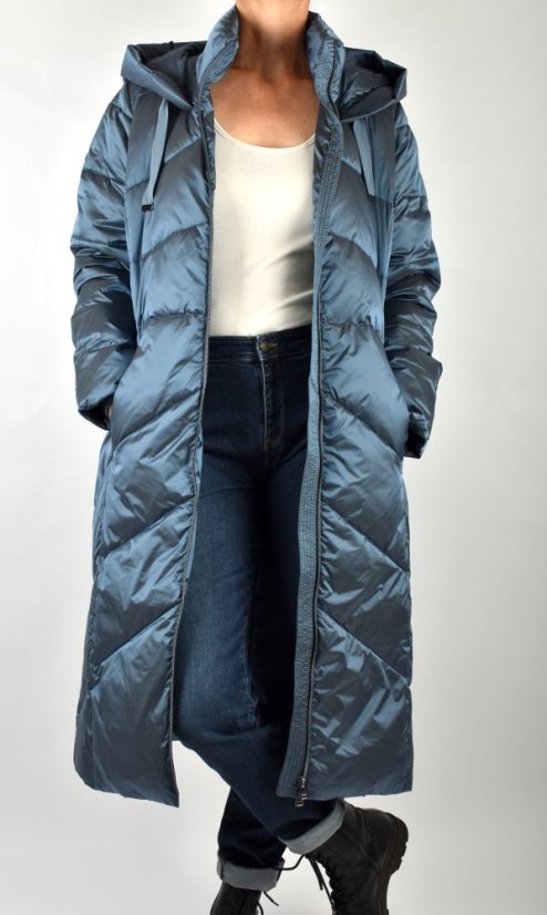 Dlouhý dámský zimní kabát s kapucí - modrý