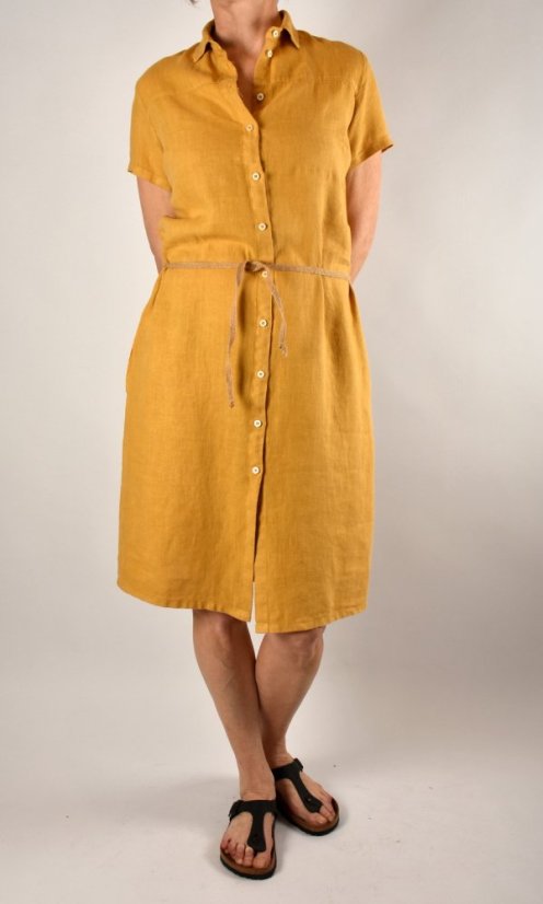 Letní lněné šaty HEDA s krátkým rukávem sportovní střih - žluté - Velikost: EU48