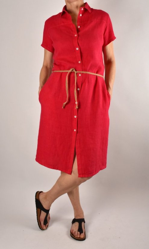 Letní lněné šaty HEDA s krátkým rukávem sportovní střih - červené - Velikost: EU40