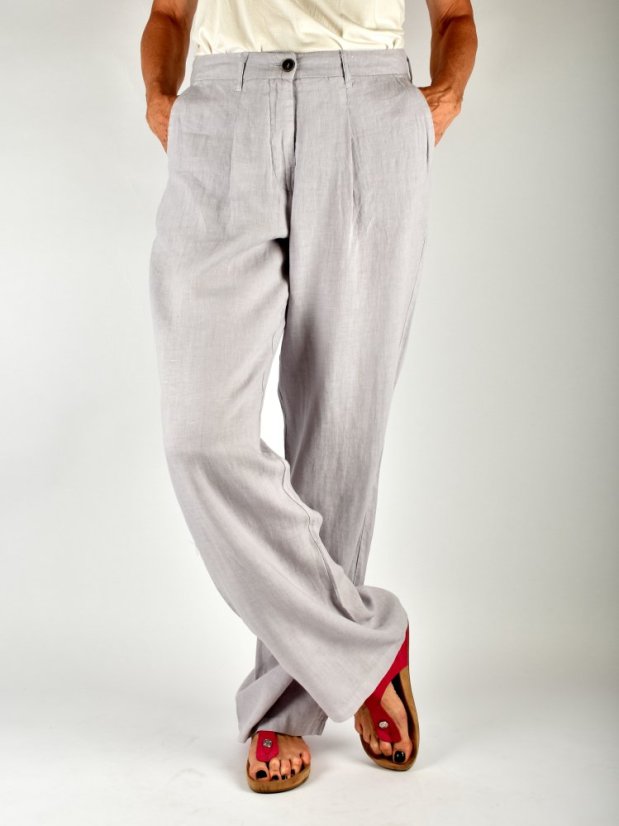 HELEN široké dámské lněné kalhoty na zip - světle šedé L34 - Velikost: EU44