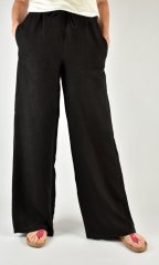 Lněné letní široké kalhoty HOLLY - černé L36