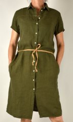 Letní lněné šaty HEDA s krátkým rukávem sportovní střih - khaki