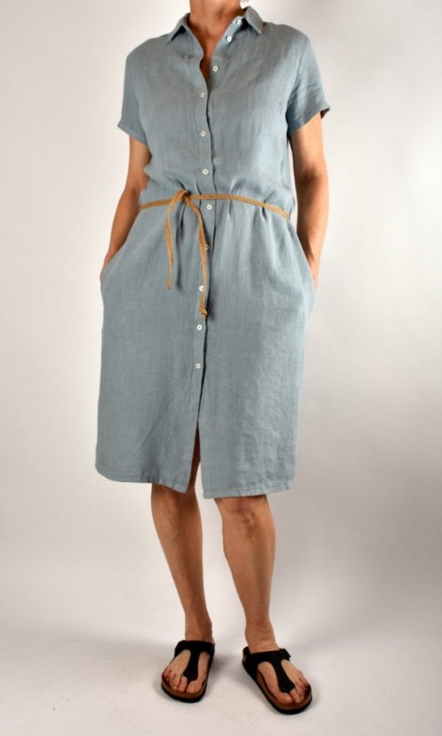 Letní lněné šaty HEDA s krátkým rukávem sportovní střih - světle modré - Velikost: EU38