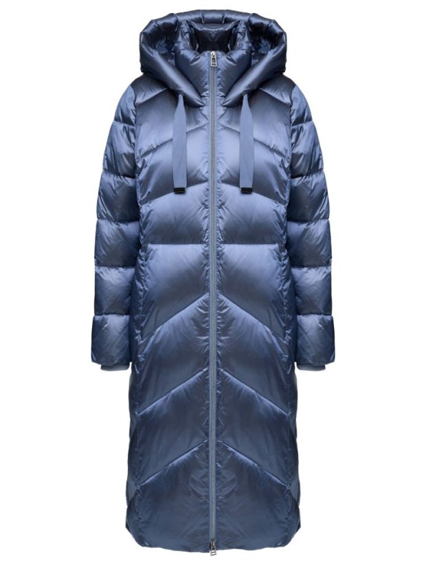 Dlouhý dámský zimní kabát s kapucí - modrý
