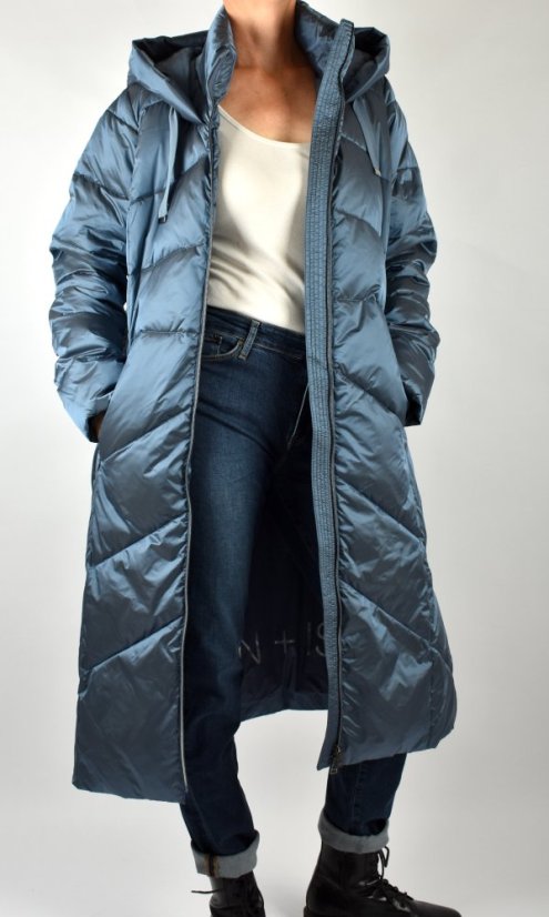 Dlouhý dámský zimní kabát s kapucí - modrý