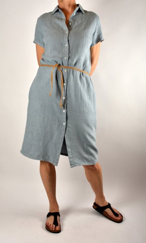 Letní lněné šaty HEDA s krátkým rukávem sportovní střih - světle modré - Velikost: EU38