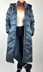 Dlouhý dámský zimní kabát s kapucí - modrý