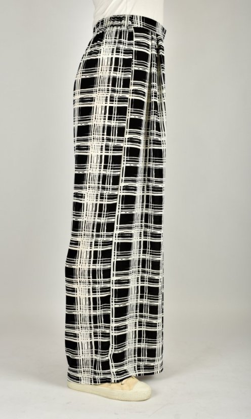Široké letní kalhoty KELLY L34 - černobílý vzor - Velikost: EU38