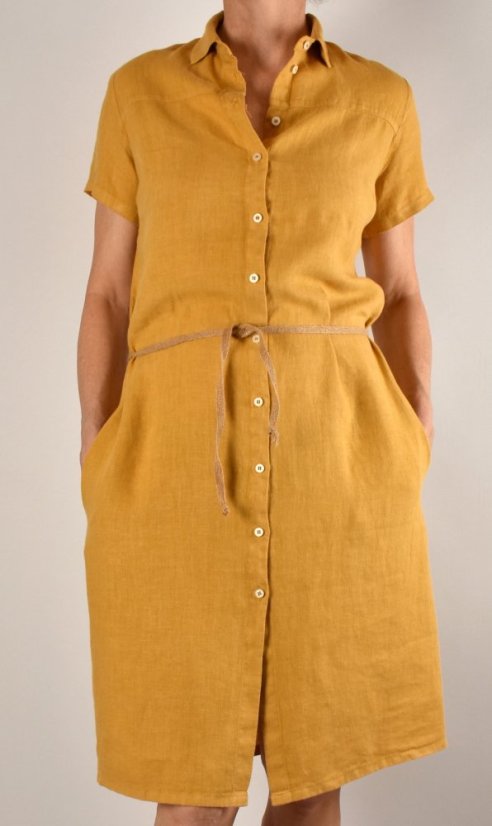 Letní lněné šaty HEDA s krátkým rukávem sportovní střih - žluté - Velikost: EU48