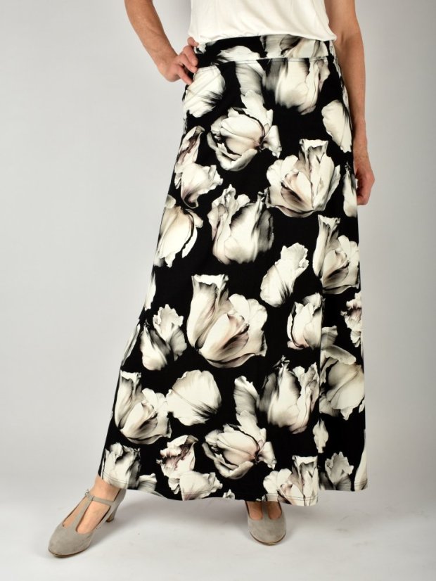 Dlouhá letní sukně DANA černé květy - Velikost: M